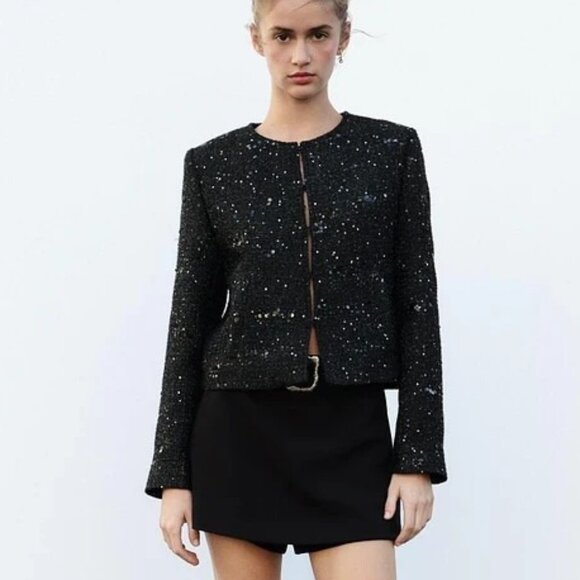 Zara Womens Sequin Blazer M Medium Jacket Black Silver Textured 9276/949 NWT - Picture 1 of 16